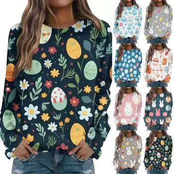 Модный женский повседневный топ с длинным рукавом с круглым вырезом и принтом L синий