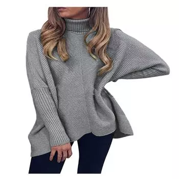 Модный женский повседневный водолазка с круглым вырезом, однотонный пуловер с длинными рукавами, свитер XXL