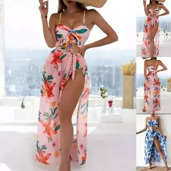 Модный женский принт с высокой талией, длинная юбка с разрезом, бикини, повседневный купальник, комплект L розовый