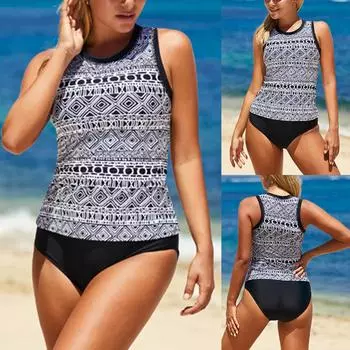 Модный женский принт сексуальный сплит купальник консервативный бикини купальники XL чёрный