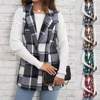 Модный женский приталенный топ без рукавов с воротником с лацканами, жилет, клетчатая куртка на пуговицах L темно-зеленого