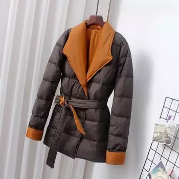 МОДНЫЙ женский пух 2024 новый короткий пояс корейская версия облегающий модный костюм воротник студенческий легкий белый утиный пух одежда M