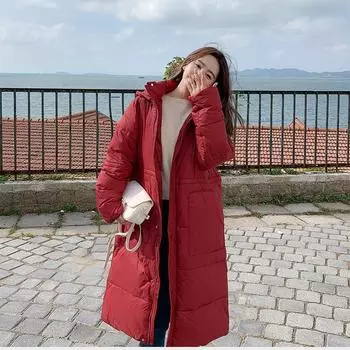 Модный женский пуховик средней длины с капюшоном, новинка 2023 зимы, тонкий толстый теплый белый пуховик на утином пуху M чёрный