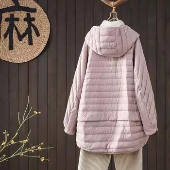 МОДНЫЙ женский пуховик средней и длинной длины 2024 года, новая корейская версия, свободный, большой размер, тонкий белый утиный пух, легкий и тонкий, теплый, с капюшоном, Одежда One Size чёрный
