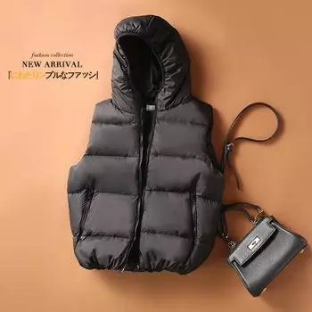 Модный женский пуховый жилет 2024 года, осенне-зимнее пальто, женский жилет с капюшоном, пуховик, жилет, женская осенняя одежда S чёрный
