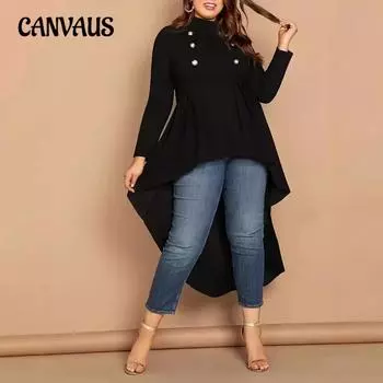 Модный женский пуловер с длинным рукавом и асимметричным вырезом «рыбий хвост» больших размеров для пригородных поездок на осень 0XL чёрный