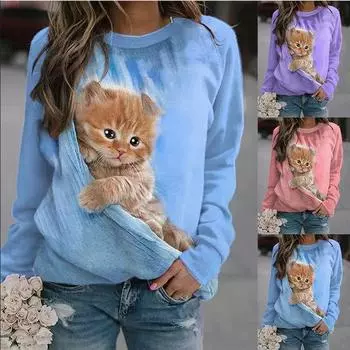 Модный женский пуловер, свитшот с изображением животных и кошек, с круглым вырезом, с длинными рукавами, пуловеры и длинные рукава (Женский) S