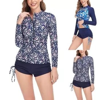 Модный женский раздельный купальник с круглым вырезом и длинным рукавом с принтом XXL синий