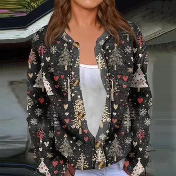 Модный женский рождественский принт с длинным рукавом вязаный кардиган куртка на пуговицах L чёрный