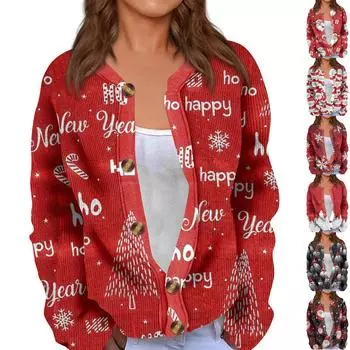 Модный женский рождественский принт с длинным рукавом вязаный кардиган куртка на пуговицах S