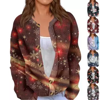 Модный женский рождественский принт с длинным рукавом вязаный кардиган куртка на пуговицах XL тёмно-синий