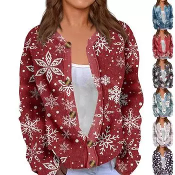 Модный женский рождественский принт с длинным рукавом вязаный кардиган куртка на пуговицах XXXL розовый