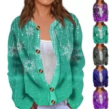 Модный женский рождественский принт с длинным рукавом вязаный кардиган куртка на пуговицах L