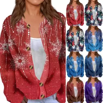Модный женский рождественский принт с длинным рукавом вязаный кардиган куртка на пуговицах XXXL