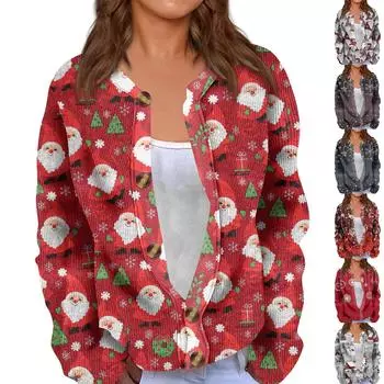 Модный женский рождественский принт с длинным рукавом вязаный кардиган куртка на пуговицах M