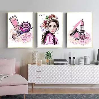 Модный женский розовый цветок, макияж, постер, скандинавский маникюрный салон, помада, модная красота, холст, картина, настенные панно для девочек, домашний декор 21x30cm No Framed