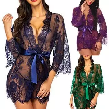 Модный женский сексуальный халат Babydoll, кружевное нижнее белье, пояс + стринги, банный халат L зелёный
