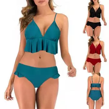 Модный женский сексуальный комплект бикини с рюшами и формованными чашками из двух частей, купальный костюм, купальник