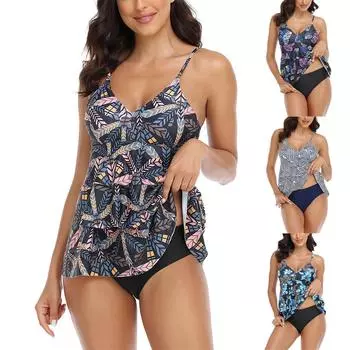 Модный женский сексуальный купальник без рукавов с принтом и V-образным вырезом L чёрный