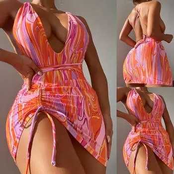 Модный женский сексуальный купальник бикини с винтажным принтом и открытой спиной S красный