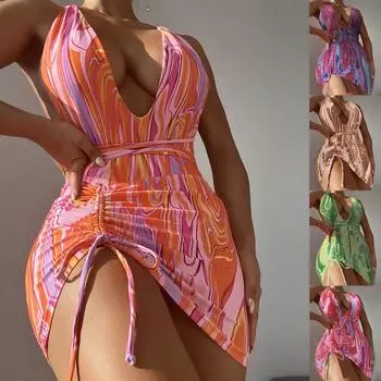 Модный женский сексуальный купальник с открытой спиной в стиле ретро и принтом M синий