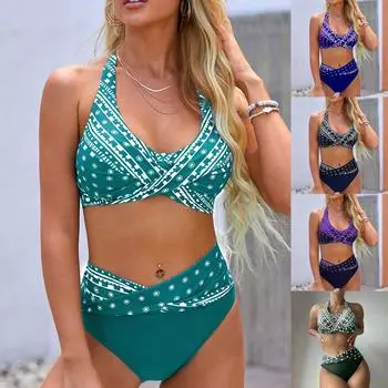 Модный женский сексуальный купальник с принтом на шее и открытой спиной, пляжная одежда, купальник-бикини, разделенный купальник L чёрный