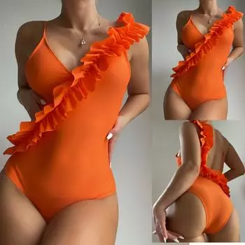 Модный женский сексуальный однотонный купальник с открытой спиной и темпераментом, пляжная одежда, бикини, купальник L оранжевый