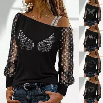 Модный женский сексуальный сетчатый топ с дырявыми плечами, повседневный свободный пуловер с длинными рукавами L белый