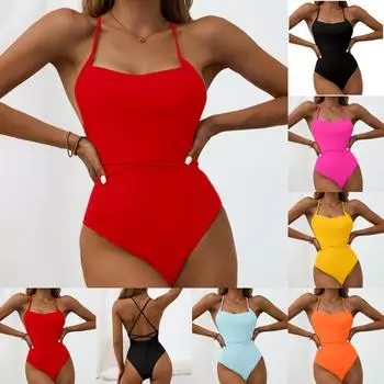 Модный женский сексуальный сплошной цвет с открытой спиной, темперамент, пляжная одежда, бикини, купальник M чёрный