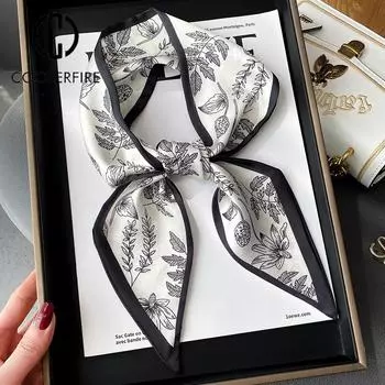 Модный женский шарф на весну и лето. Маленькая шелковая сумка с ручкой. Ленты. Платок на голову. Маленькие узкие шарфы. Шарфы оптом. AC2236. One Size чёрный