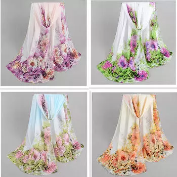 Модный женский шифоновый шарф с принтом пиона зелёный