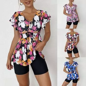 Модный женский сплит-купальник с v-образным вырезом и коротким рукавом с принтом M зелёный