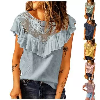 Модный женский сплошной цвет с рюшами и круглым вырезом, кружевной жилет, топ L фиолетовый