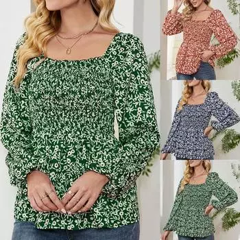 Модный женский стильный пуловер с квадратным вырезом и принтом, топ с длинными рукавами S синий