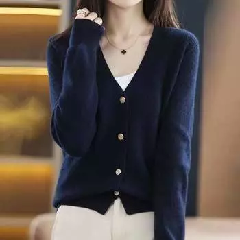Модный женский свитер-кардиган 2022, осень и зима, свободный и универсальный однотонный вязаный свитер с v-образным вырезом и длинными рукавами, женский топ