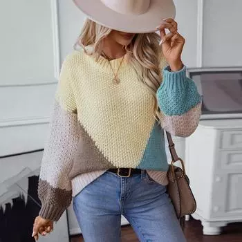 Модный женский свитер контрастного цвета 2024 года, осень и зима, новый повседневный свитер с круглым вырезом и длинным рукавом в европейском и американском стиле S жёлтый