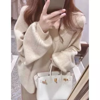 Модный женский свитер с V-образным вырезом, осенний, зимний, новый, свободный, с рукавами-фонариками, свитера, топы, элегантный, повседневный, облегающий, мягкий, теплый, женский трикотаж 25325 One Size чёрный