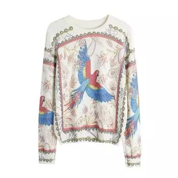 Модный женский свитер Y2K, уличная одежда, разноцветный пуловер с принтом птицы, женские вязаные топы с круглым вырезом и нижней частью Mujer C-069 One Size бежевый