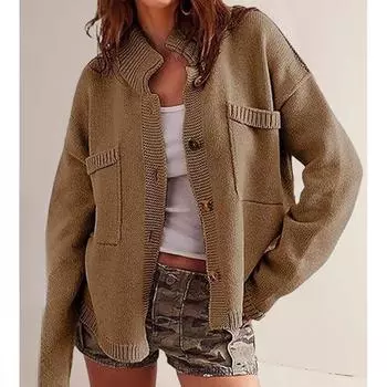 Модный женский свободный кардиган вязаный свитер осень и зима однотонные повседневные свитера куртка женская стойка воротник элегантные карманы винтажный трикотаж 25113 S чёрный