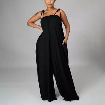 Модный женский свободный комбинезон с широкими штанинами без рукавов на талии и карманами на груди XL чёрный