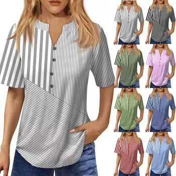 Модный женский свободный летний повседневный нарядный топ на пуговицах с v-образным вырезом и короткими рукавами L