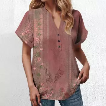 Модный женский свободный летний повседневный нарядный топ на пуговицах с v-образным вырезом и короткими рукавами XXL винный