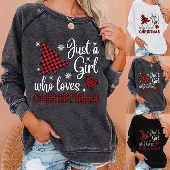 Модный женский свободный повседневный топ с рождественским принтом и круглым вырезом с длинным рукавом XXXL чёрный