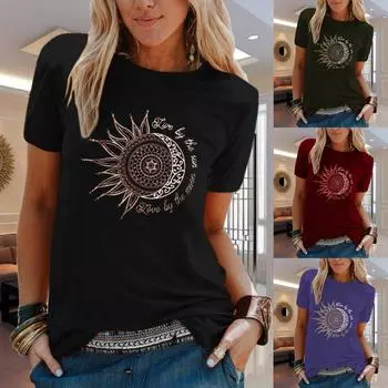 Модный женский свободный удобный топ с круглым вырезом и короткими рукавами с принтом Солнца и Луны M винный