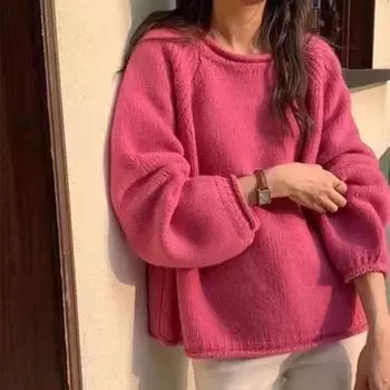 Модный женский свободный вязаный свитер, осень-зима, новый свободный однотонный свитер с длинным рукавом и верхним низом, повседневная простая одежда 2178 One Size оранжевый