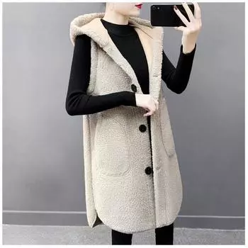 Модный женский свободный жилет из овечьей шерсти с капюшоном на осень-зиму L бежевый