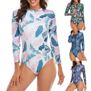 Модный женский тонкий купальник с длинным рукавом и принтом для серфинга, бикини M зелёный