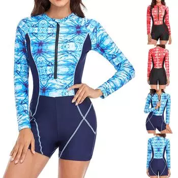 Модный женский тонкий купальник с длинным рукавом и принтом для серфинга, бикини L синий