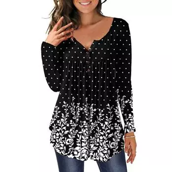 Модный женский топ с асимметричным подолом и круглым вырезом на пуговицах с длинным рукавом L