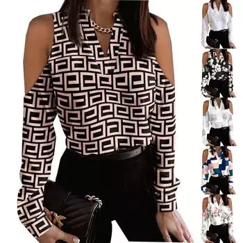 Модный женский топ с цветочным принтом, сексуальные свободные повседневные футболки с v-образным вырезом и открытыми плечами с длинными рукавами S хаки